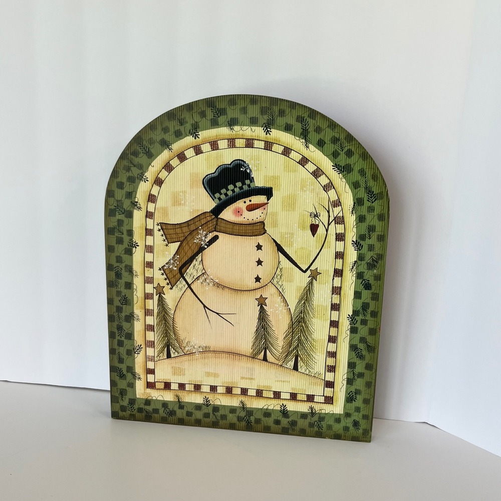 Primitive Folk Art Snowman Wood Wall Plaque Winter Holiday Decor Arched Sign
